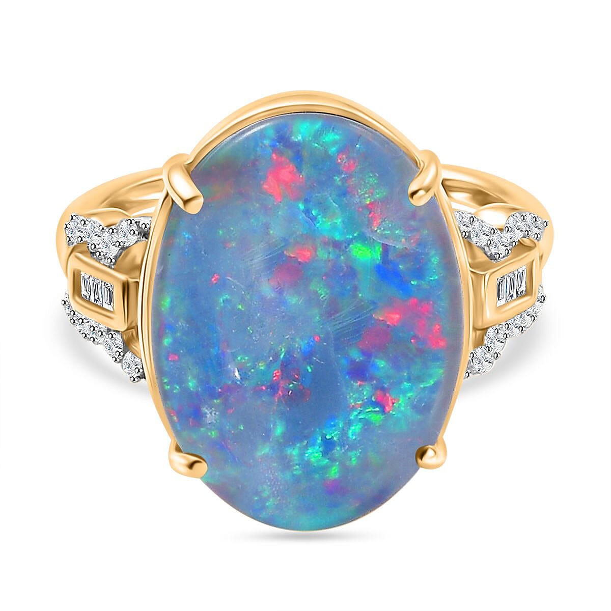 9K Yellow Gold AAA Boulder Opal with White Diamond Ring 6.58 Ct.