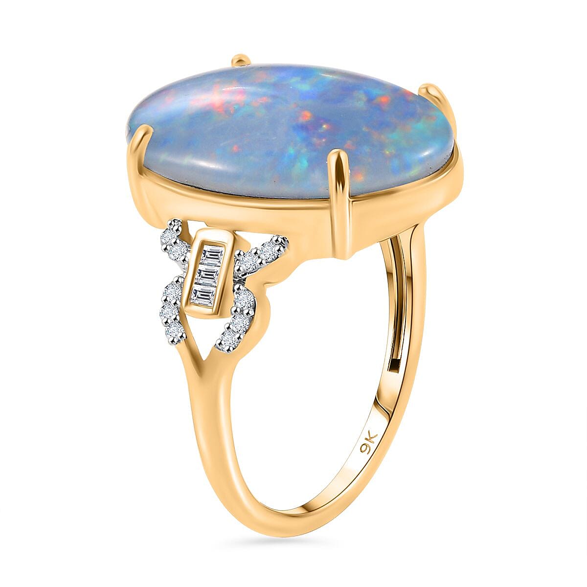 9K Yellow Gold AAA Boulder Opal with White Diamond Ring 6.58 Ct.