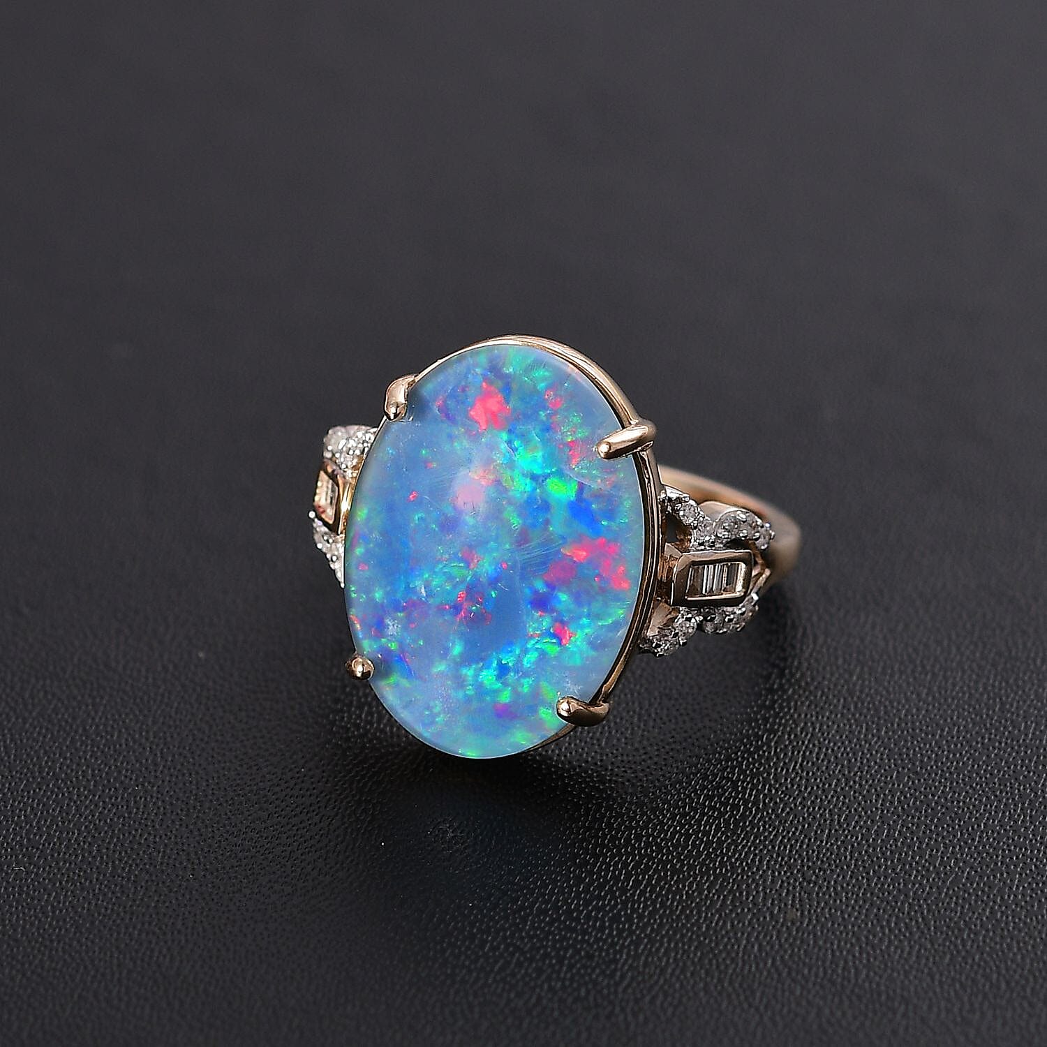 9K Yellow Gold AAA Boulder Opal with White Diamond Ring 6.58 Ct.
