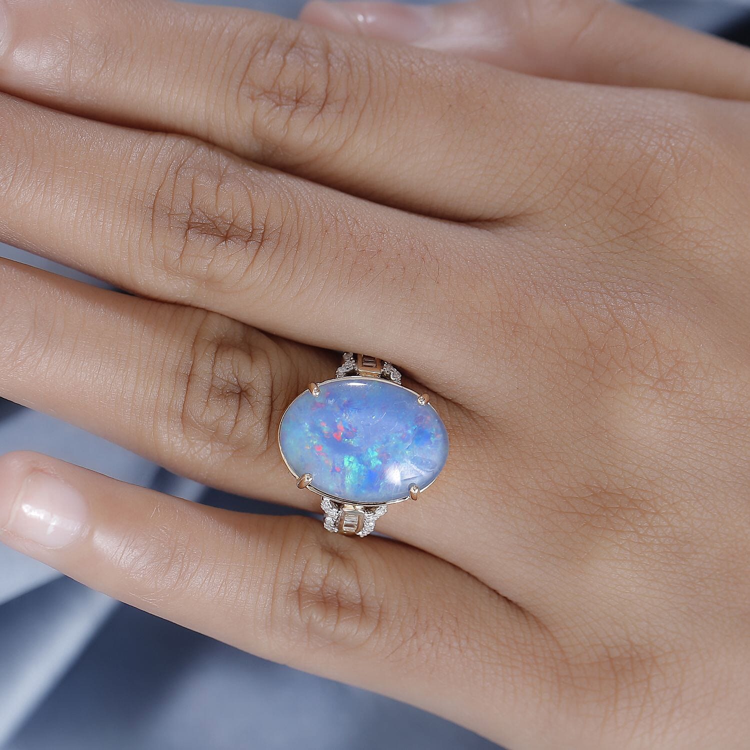 9K Yellow Gold AAA Boulder Opal with White Diamond Ring 6.58 Ct.