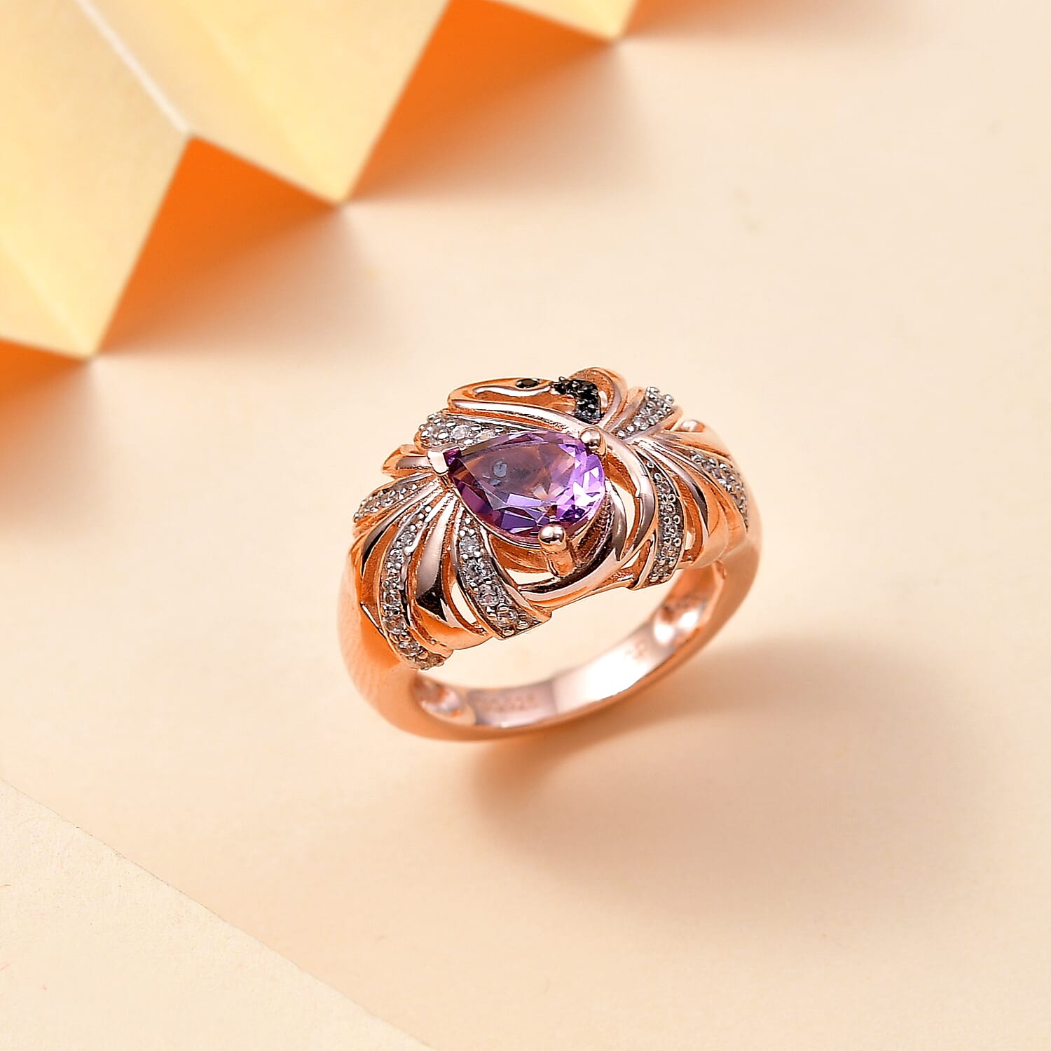 GP Italian Garden Collection - Pink Amethyst, Blue Sapphire, Black Spinel, White Zircon Cluster Ring in 18K Rose Gold Vermeil Sterling Silver 1.49 Ct.