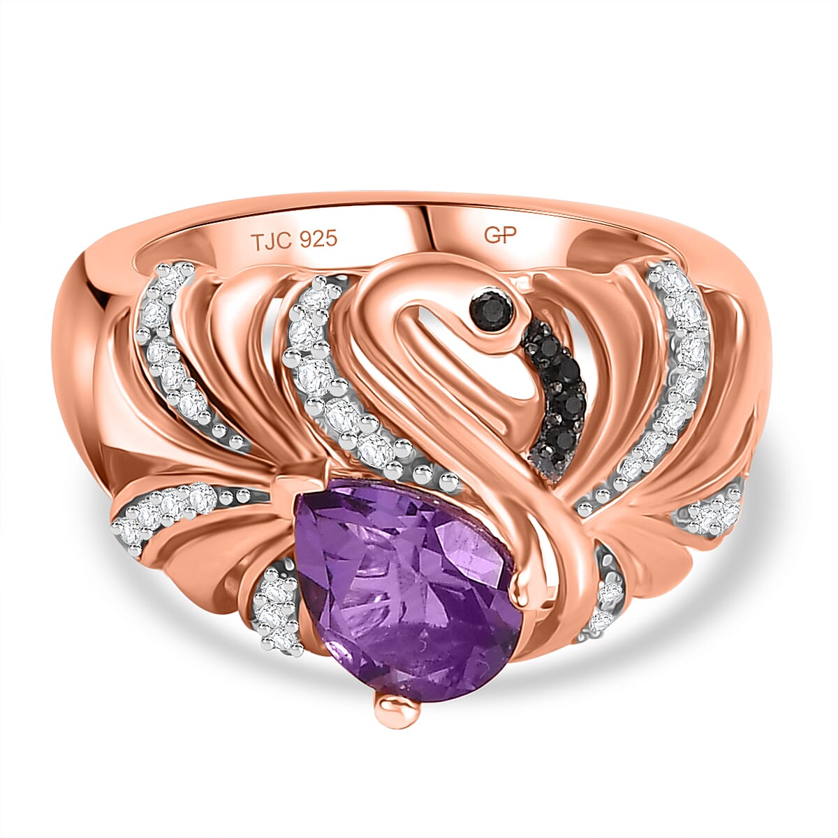 GP Collection - Pink Amethyst, Black Spinel, White Zircon Flamingo Ring in 18K RG Vermeil Sterling Silver 1.32 ct  1.488  Ct.