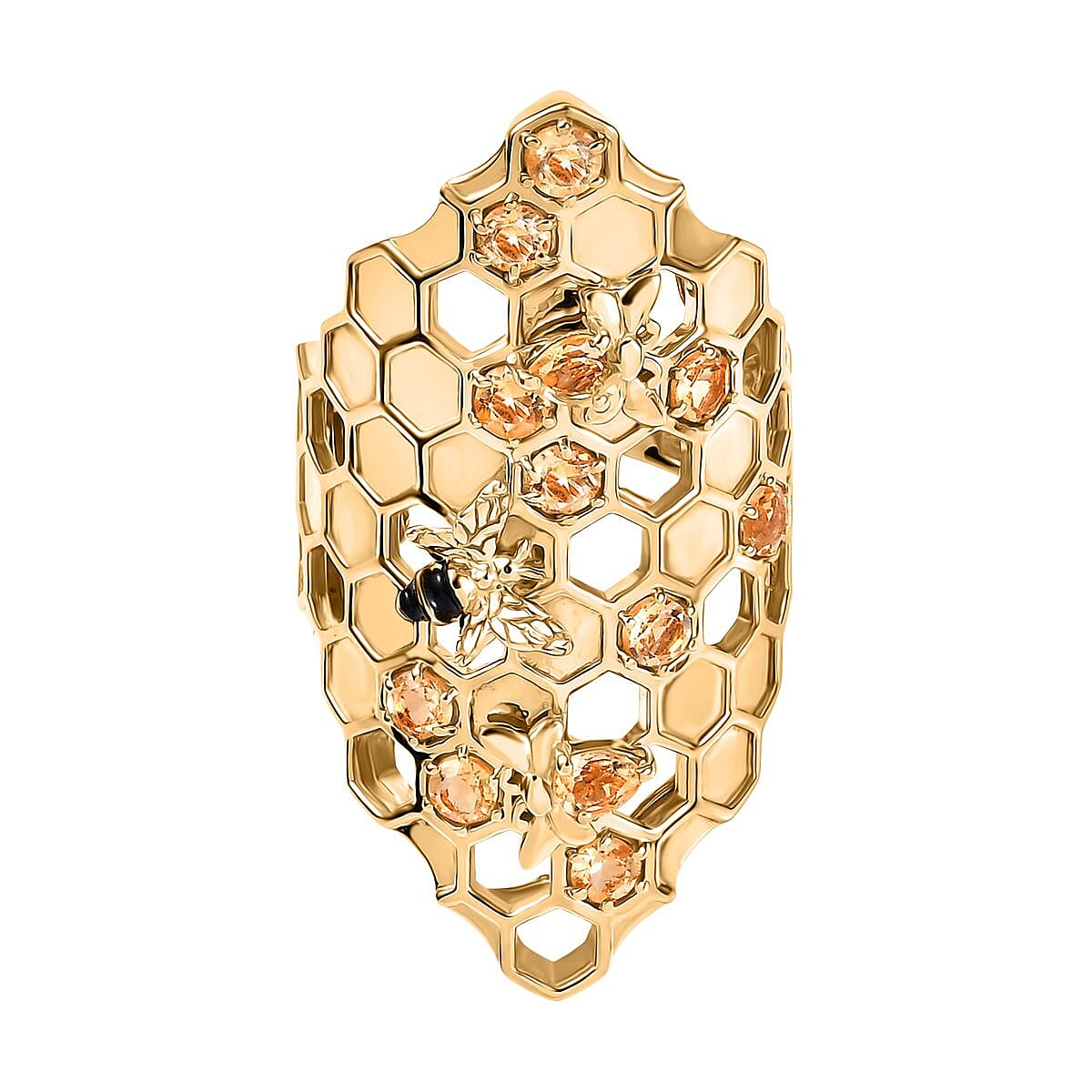 GP HoneyComb Collection - Citrine & Blue Sapphire Ring in 18K Vermeil Yellow Gold Plated Sterling Silver 1.40 Ct, Silver Wt. 10.70 Gms.