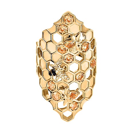 GP HoneyComb Collection - Citrine & Blue Sapphire Ring in 18K Vermeil Yellow Gold Plated Sterling Silver 1.40 Ct, Silver Wt. 10.70 Gms.