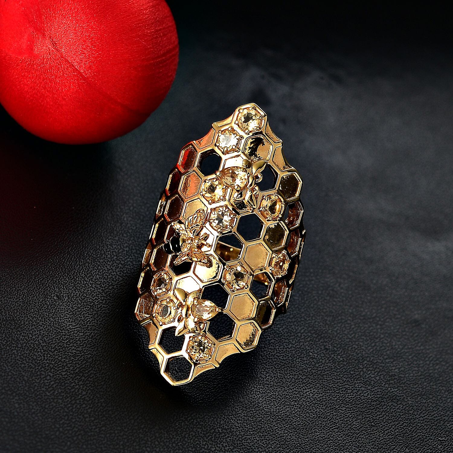 GP HoneyComb Collection - Citrine & Blue Sapphire Ring in 18K Vermeil Yellow Gold Plated Sterling Silver 1.40 Ct, Silver Wt. 10.70 Gms.