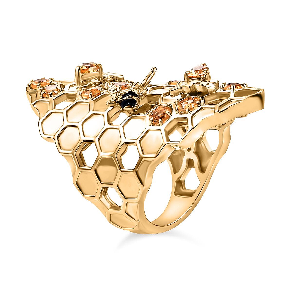 GP HoneyComb Collection - Citrine & Blue Sapphire Ring in 18K Vermeil Yellow Gold Plated Sterling Silver 1.40 Ct, Silver Wt. 10.70 Gms.