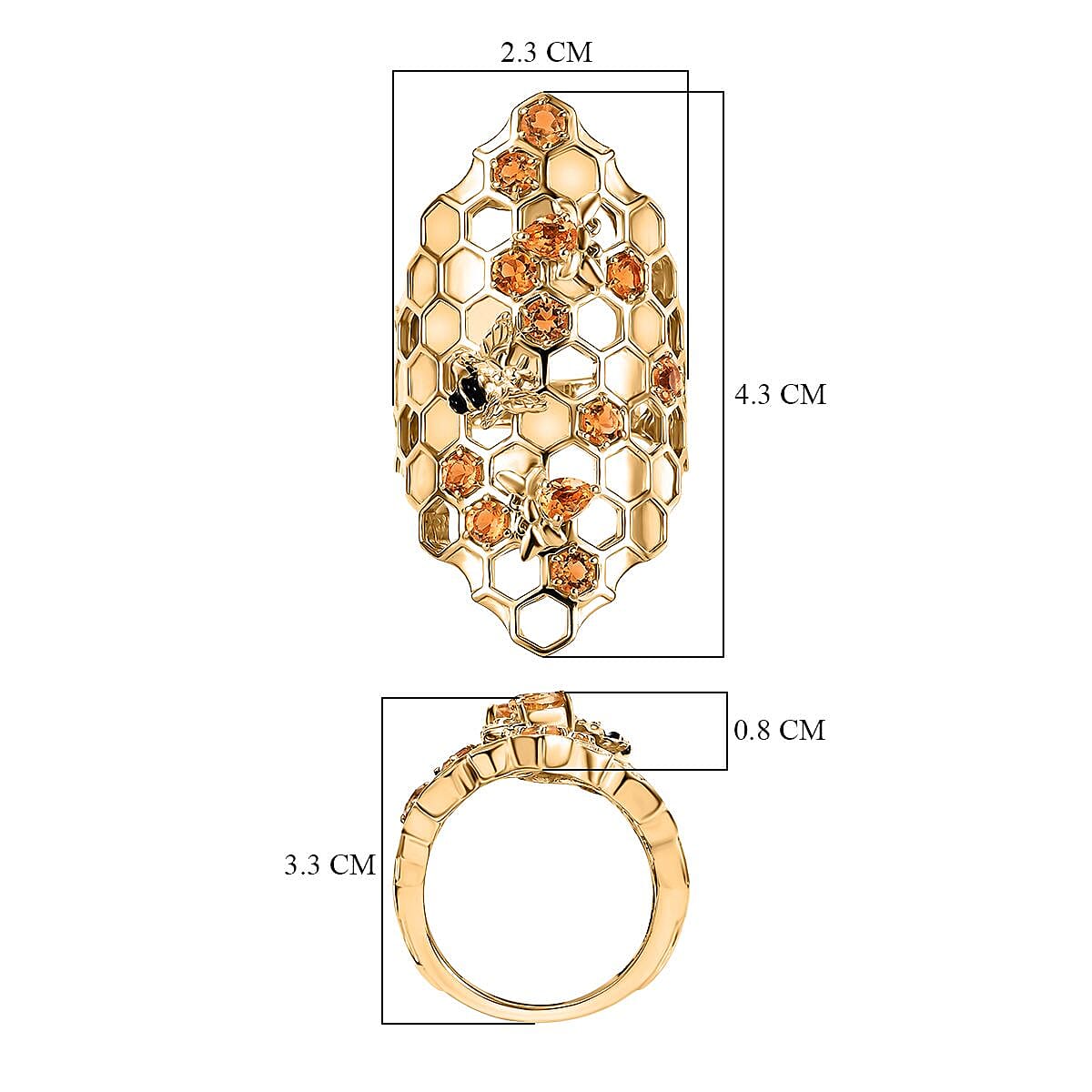 GP HoneyComb Collection - Citrine & Blue Sapphire Ring in 18K Vermeil Yellow Gold Plated Sterling Silver 1.40 Ct, Silver Wt. 10.70 Gms.