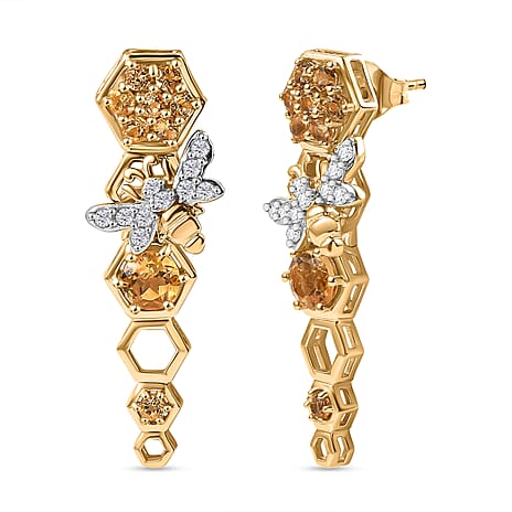 GP Honeycomb Collection - Citrine, Blue Sapphire, White Zircon Dangling Earring with Push Back in 18K Yellow Gold Vermeil Sterling Silver 2.09 Ct.