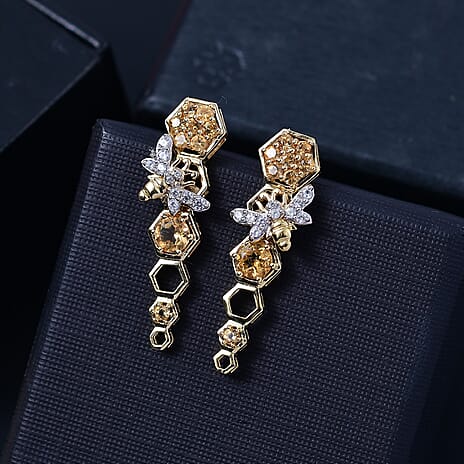 GP Honeycomb Collection - Citrine, Blue Sapphire, White Zircon Dangling Earring with Push Back in 18K Yellow Gold Vermeil Sterling Silver 2.09 Ct.