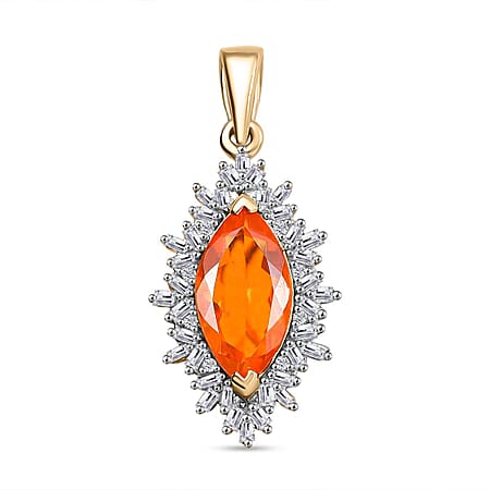 9K Yellow Gold Cherry Fire Opal, White Diamond Pendant 1.50 Ct