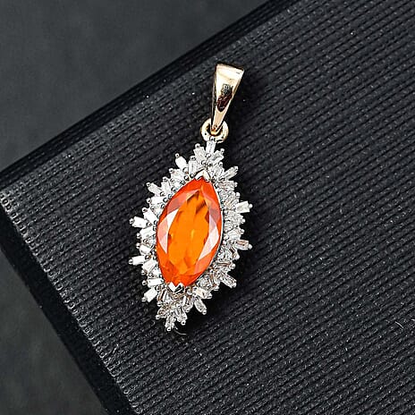 9K Yellow Gold AA Cherry Fire Opal,White Diamond Main Stone With Side Stone Pendant 1.51 Ct