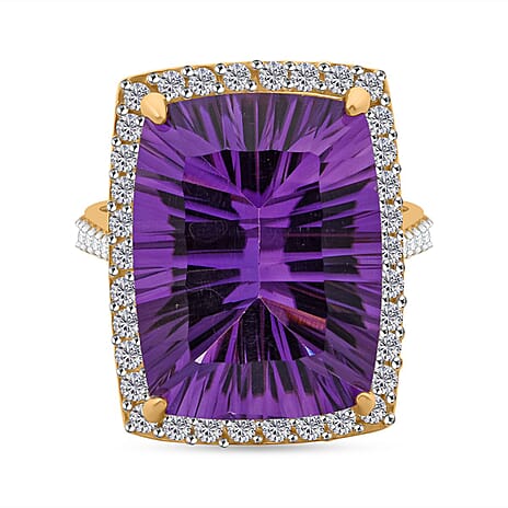 TUCSON FINDS - AAA African Amethyst & White Zircon Ring in 18K Vermeil Yellow Gold Plated Sterling Silver 18.30 Ct.