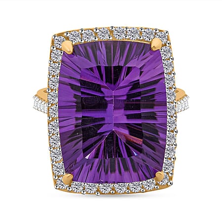African Amethyst, White Zircon Ring in 18K Vermeil Yellow Gold Plated Sterling Silver 18.30 Ct. African Amethyst, White Zircon Ring in 18K Vermeil Yellow Gold Plated Sterling Silver 18.30 Ct.
