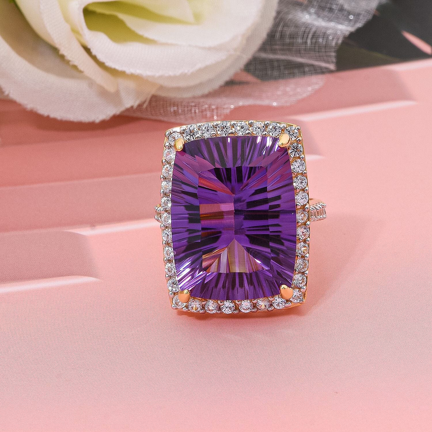 TUCSON FINDS - AAA African Amethyst & White Zircon Ring in 18K Vermeil Yellow Gold Plated Sterling Silver 18.30 Ct.