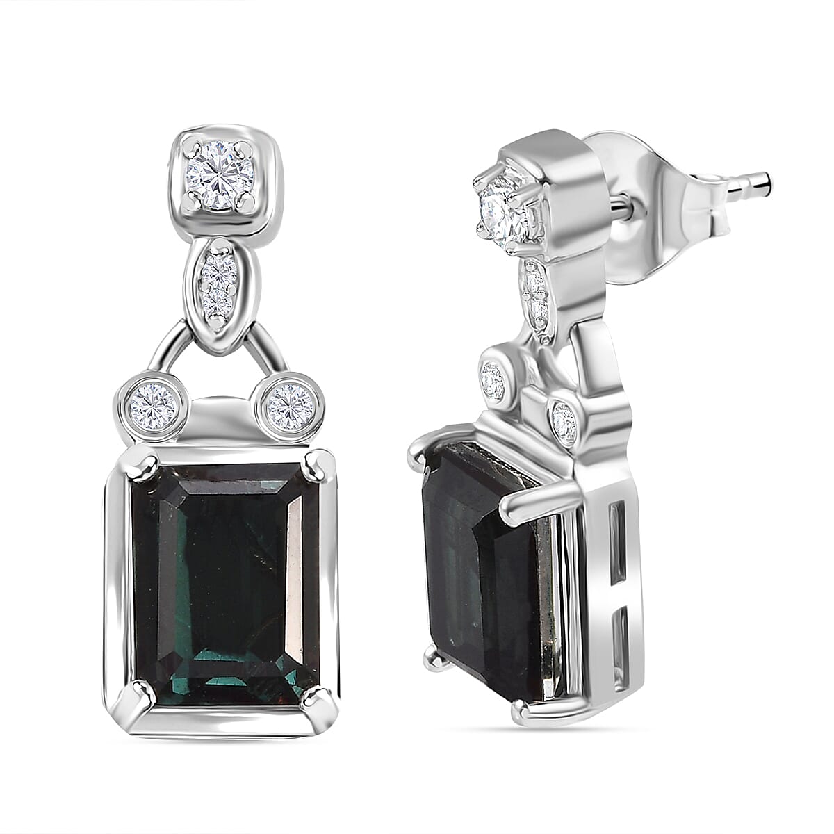 Alexandrite Triplet Quartz & White Zircon Solitaire Stud Push Post Earring in Rhodium Overlay Sterling Silver 5.80 Ct.