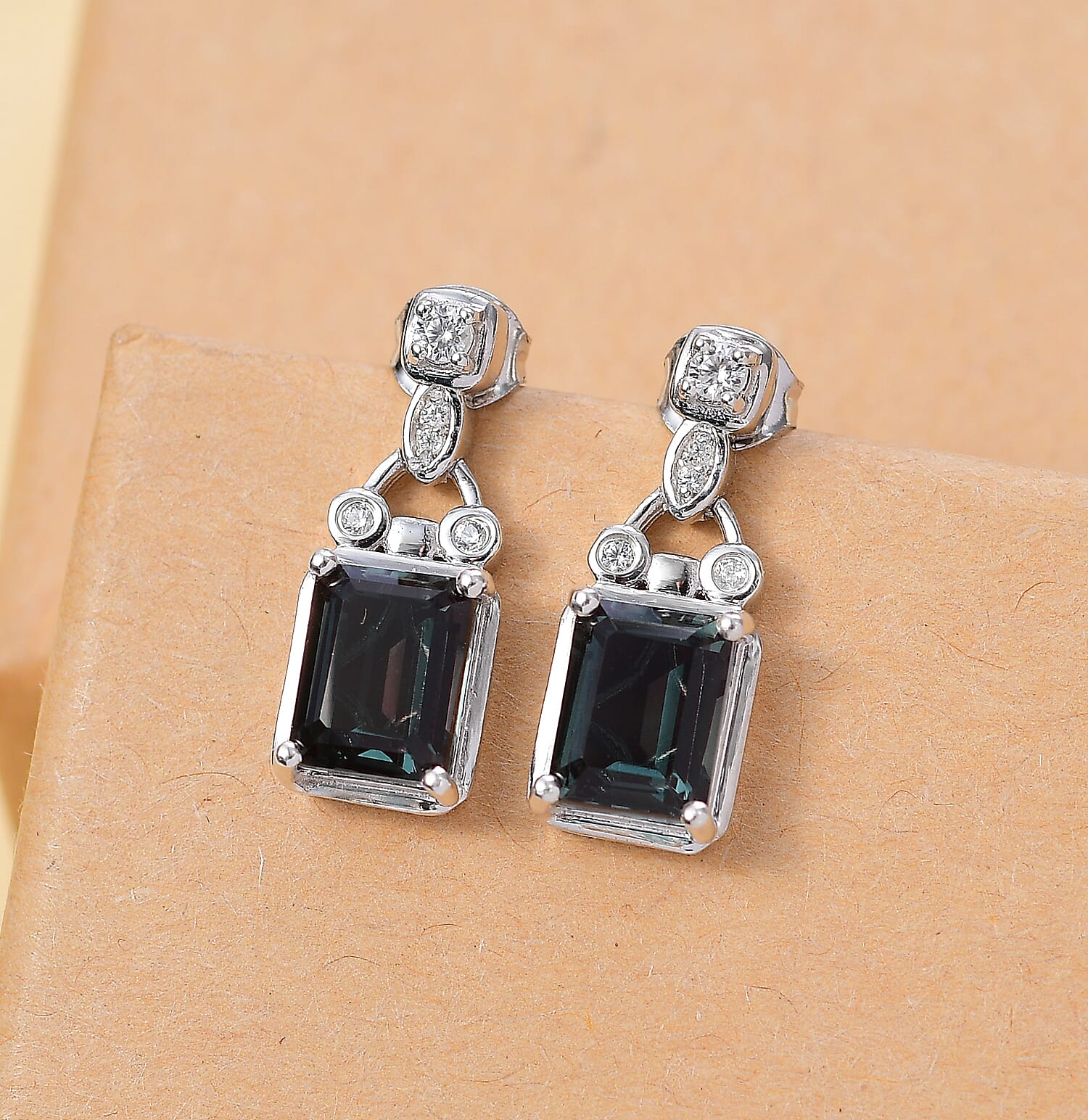 Alexandrite Triplet Quartz & White Zircon Solitaire Stud Push Post Earring in Rhodium Overlay Sterling Silver 5.80 Ct.
