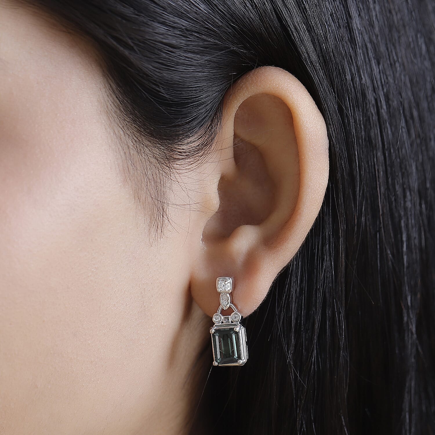 Alexandrite Triplet Quartz & White Zircon Solitaire Stud Push Post Earring in Rhodium Overlay Sterling Silver 5.80 Ct.