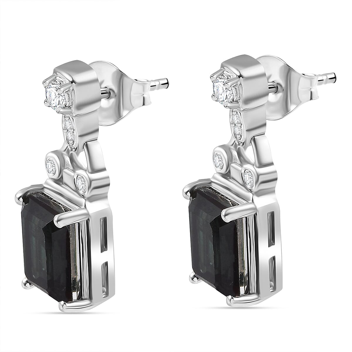 Alexandrite Triplet Quartz & White Zircon Solitaire Stud Push Post Earring in Rhodium Overlay Sterling Silver 5.80 Ct.