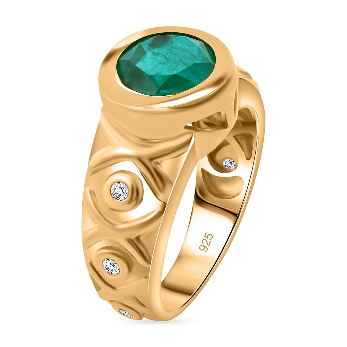 Emeraldine Triplet Quartz & White Zircon Ring in Vermeil Yellow Gold Sterling Silver 3.46 Ct.