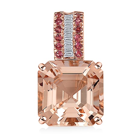14K Rose Gold  AAA   Morganite ,  Padparadscha Sapphire ,  White Diamond  I2 Main Stone With Side Stone Pendant 7.57 ct,  Gold Wt. 2.6 Gms  10.510  Ct.