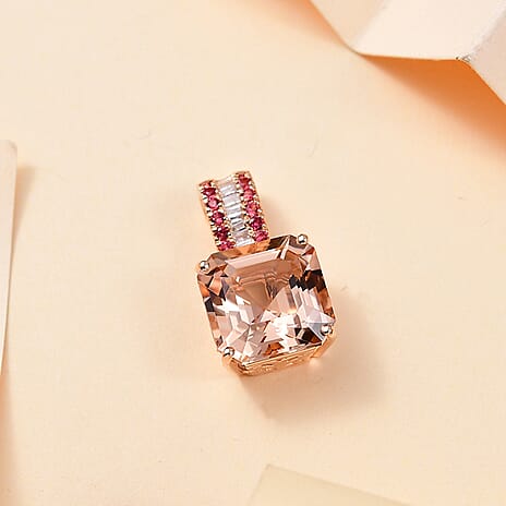 14K Rose Gold  AAA   Morganite ,  Padparadscha Sapphire ,  White Diamond  I2 Main Stone With Side Stone Pendant 7.57 ct,  Gold Wt. 2.6 Gms  10.510  Ct.