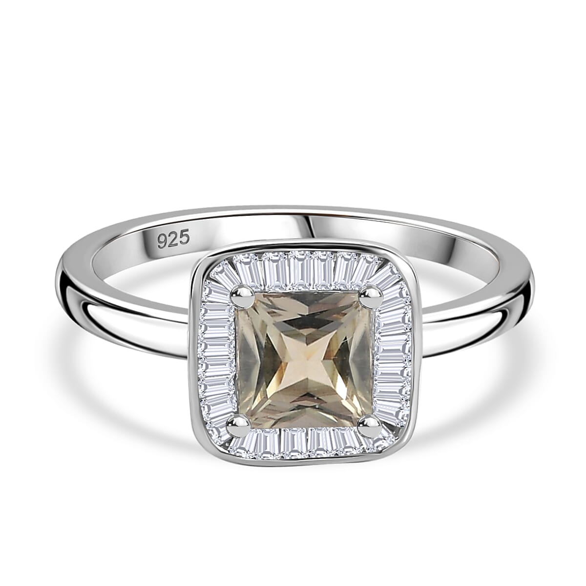 AAA Princess Cut Turkizite & Natural White Diamond Ring in Rhodium Overlay Sterling Silver 1.20 Ct.