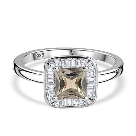 AAA Princess Cut Turkizite & Natural White Diamond Ring in Rhodium Overlay Sterling Silver 1.20 Ct.