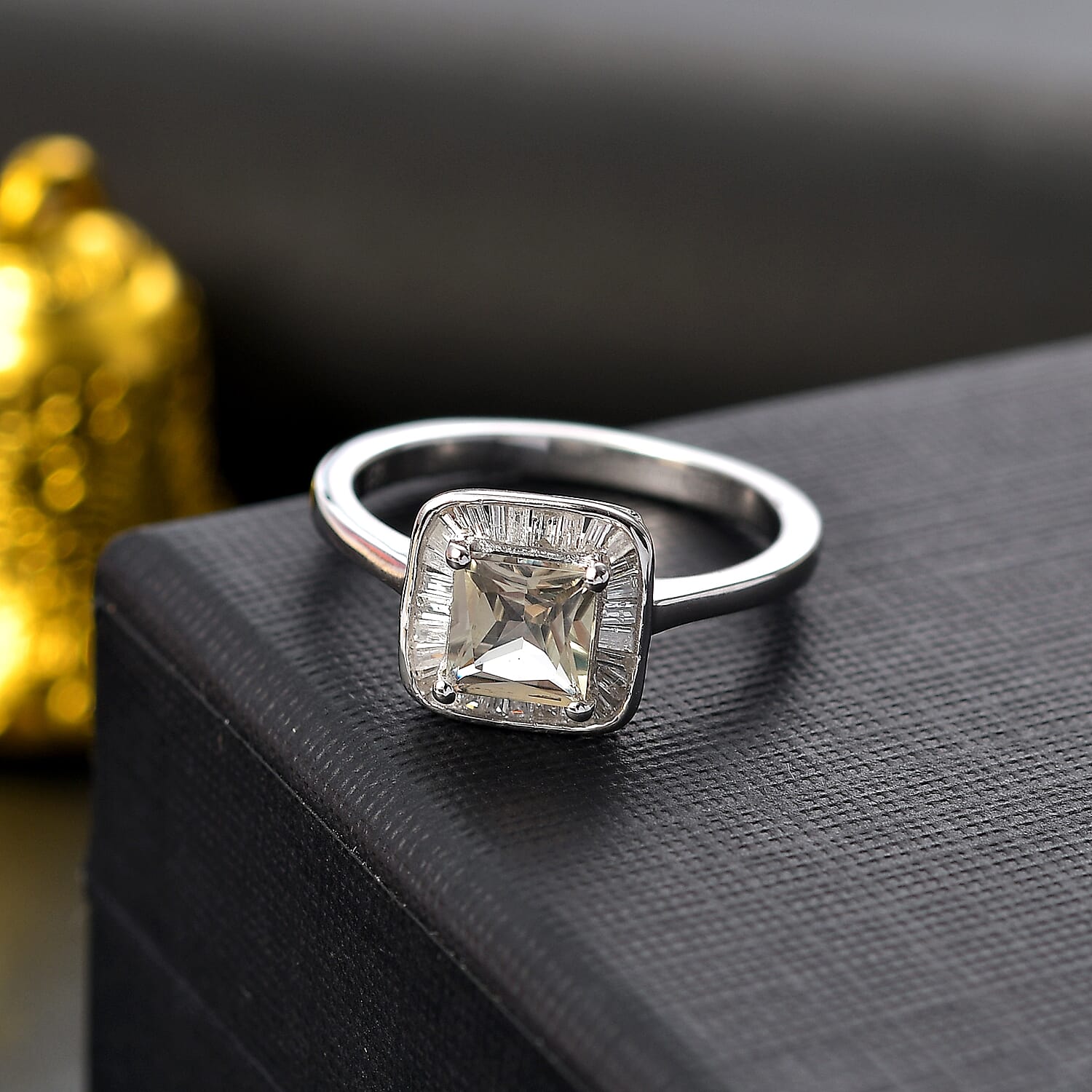 AAA Princess Cut Turkizite & Natural White Diamond Ring in Rhodium Overlay Sterling Silver 1.20 Ct.