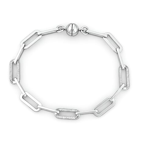 One Time Deal - Natural White Diamond Bracelet (Size - 7.5) with Magnetic Clasp in Rhodium Overlay Sterling Silver, Silver Wt. 8.52 Gms.