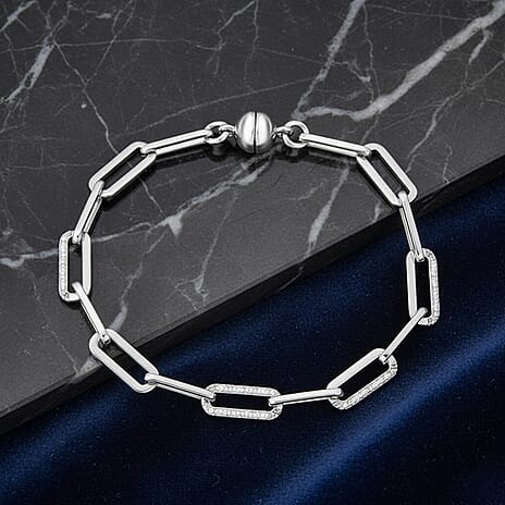 One Time Deal - Natural White Diamond Bracelet (Size - 7.5) with Magnetic Clasp in Rhodium Overlay Sterling Silver, Silver Wt. 8.52 Gms.