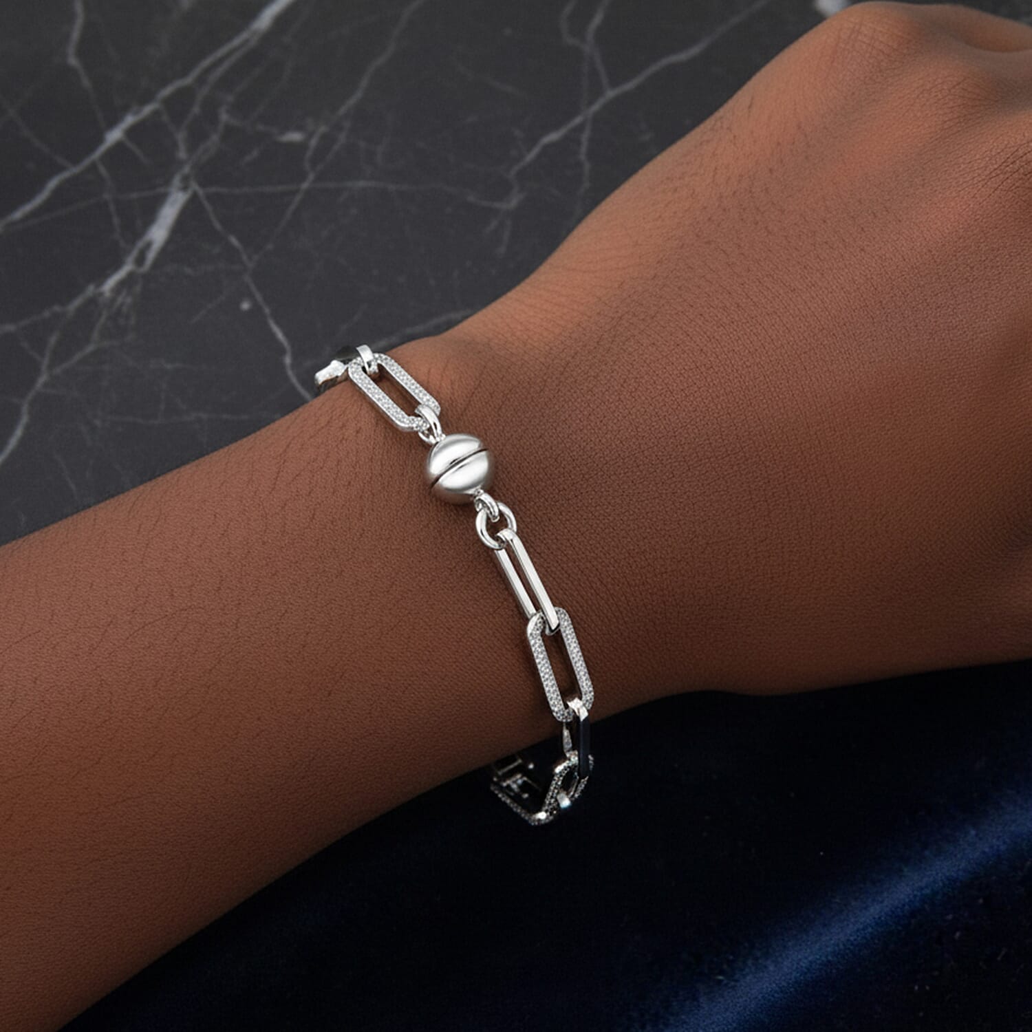 One Time Deal - Natural White Diamond Bracelet (Size - 7.5) with Magnetic Clasp in Rhodium Overlay Sterling Silver, Silver Wt. 8.52 Gms.