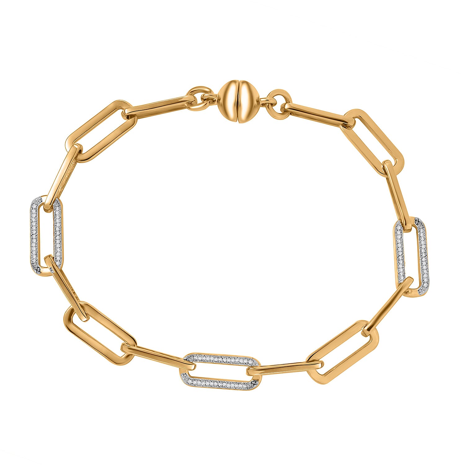 One Time Deal - Natural White Diamond Paperclip Bracelet (Size - 7.5) with Magnetic Clasp in 18K Vermeil Sterling Silver, Silver Wt. 8.52 Gms.