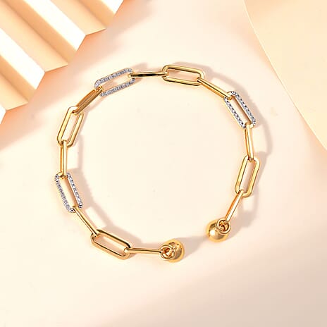 One Time Deal - Natural White Diamond Paperclip Bracelet (Size - 7.5) with Magnetic Clasp in 18K Vermeil Sterling Silver, Silver Wt. 8.52 Gms.