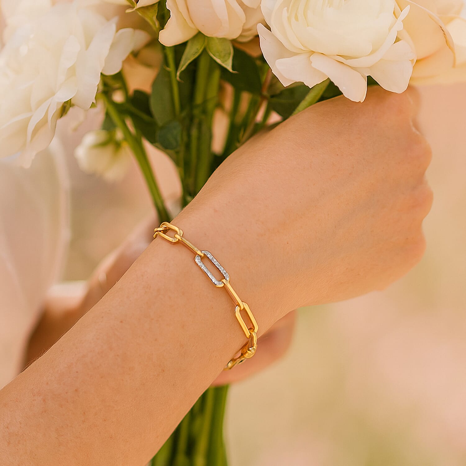 One Time Deal - Natural White Diamond Paperclip Bracelet (Size - 7.5) with Magnetic Clasp in 18K Vermeil Sterling Silver, Silver Wt. 8.52 Gms.