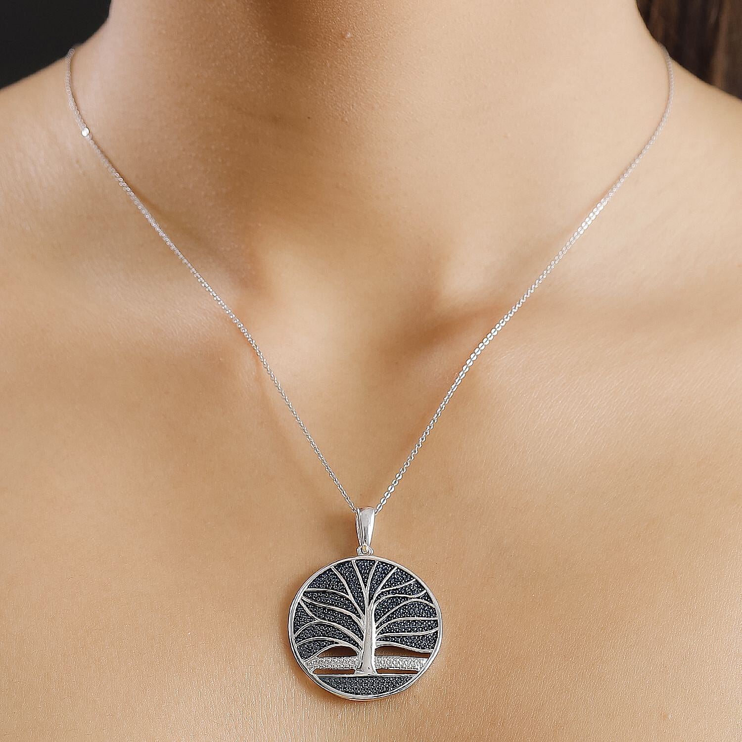 Bue Diamond Tree Of Life Pendant in Platinum Overlay
