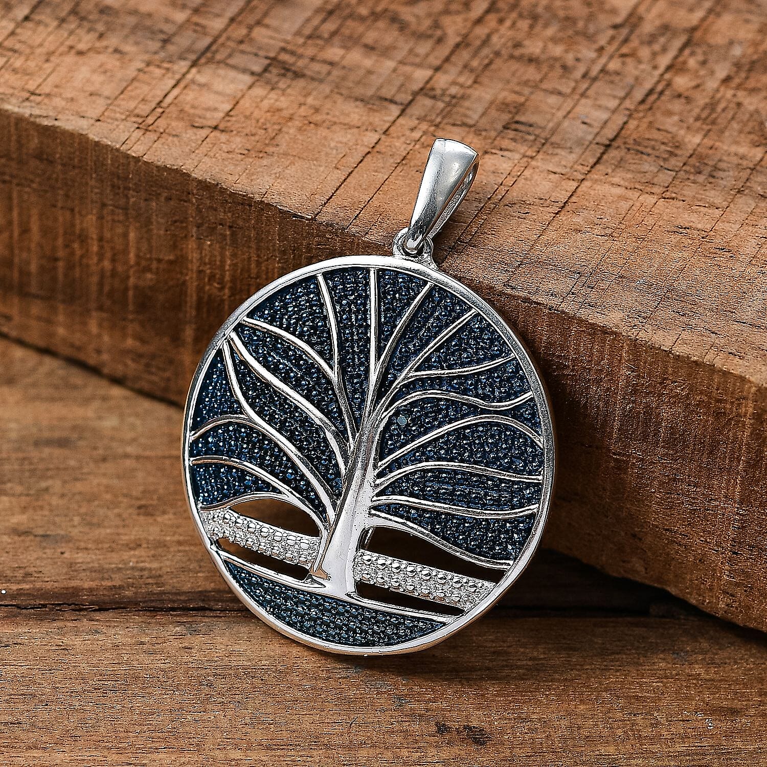 Bue Diamond Tree Of Life Pendant in Platinum Overlay