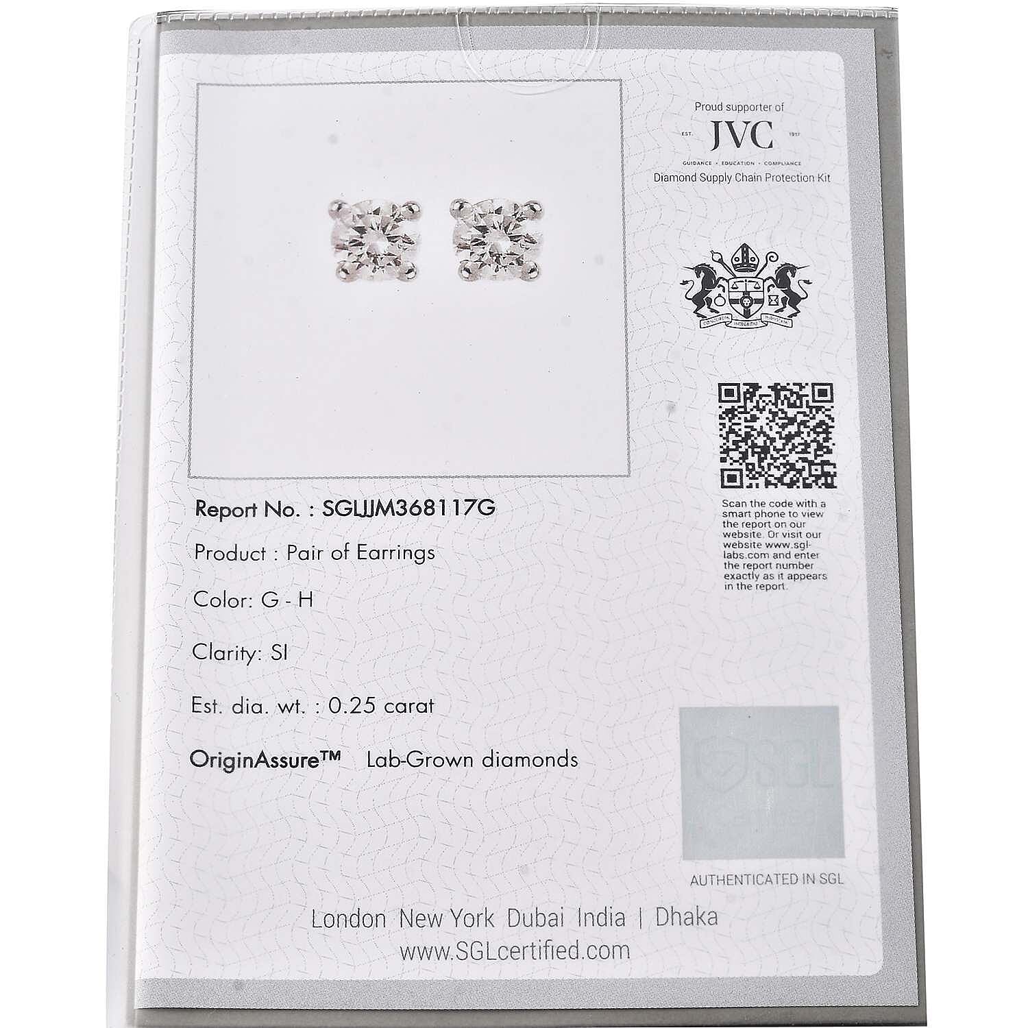 Luxuriant Diamond - 9K White Gold SGL Certified Lab Grown Diamond (SI- GH) Solitaire Earrings With Push Back 0.25 Ct. Luxuriant Diamond - 9K White Gold SGL Certified Lab Grown Diamond (SI- GH) Solitaire Earrings With Push Back 0.25 Ct.