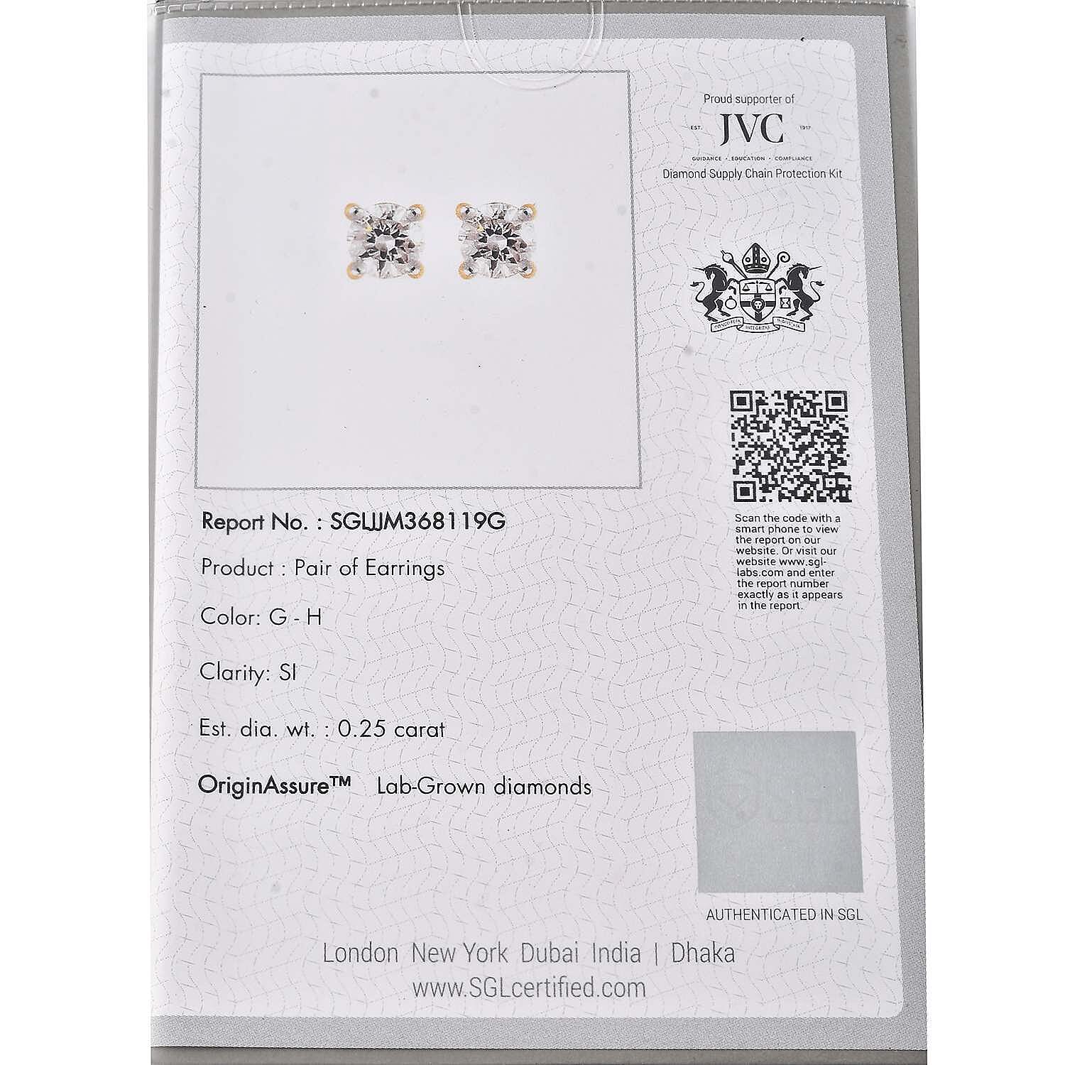 Luxuriant Diamond SGL Certified 9K Yellow Gold Lab Grown Diamond (SI-G-H) Solitaire Earring with Push Back 0.25 Ct.
