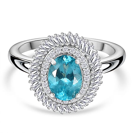 Lagoon Apatite & White Diamond Ring in Rhodium Overlay Sterling Silver 1.48 Ct.