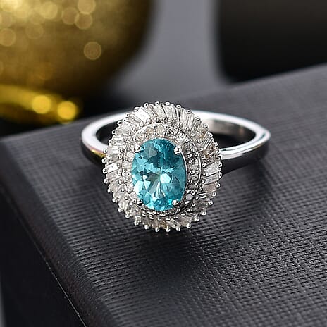 Lagoon Apatite & White Diamond Ring in Rhodium Overlay Sterling Silver 1.48 Ct.