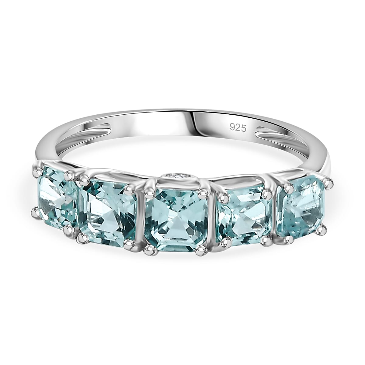 Lagoon Apatite & Lab Grown Diamond (SI-G-H) 5 Stone Ring in Rhodium Overlay Sterling Silver 2.22 Ct.