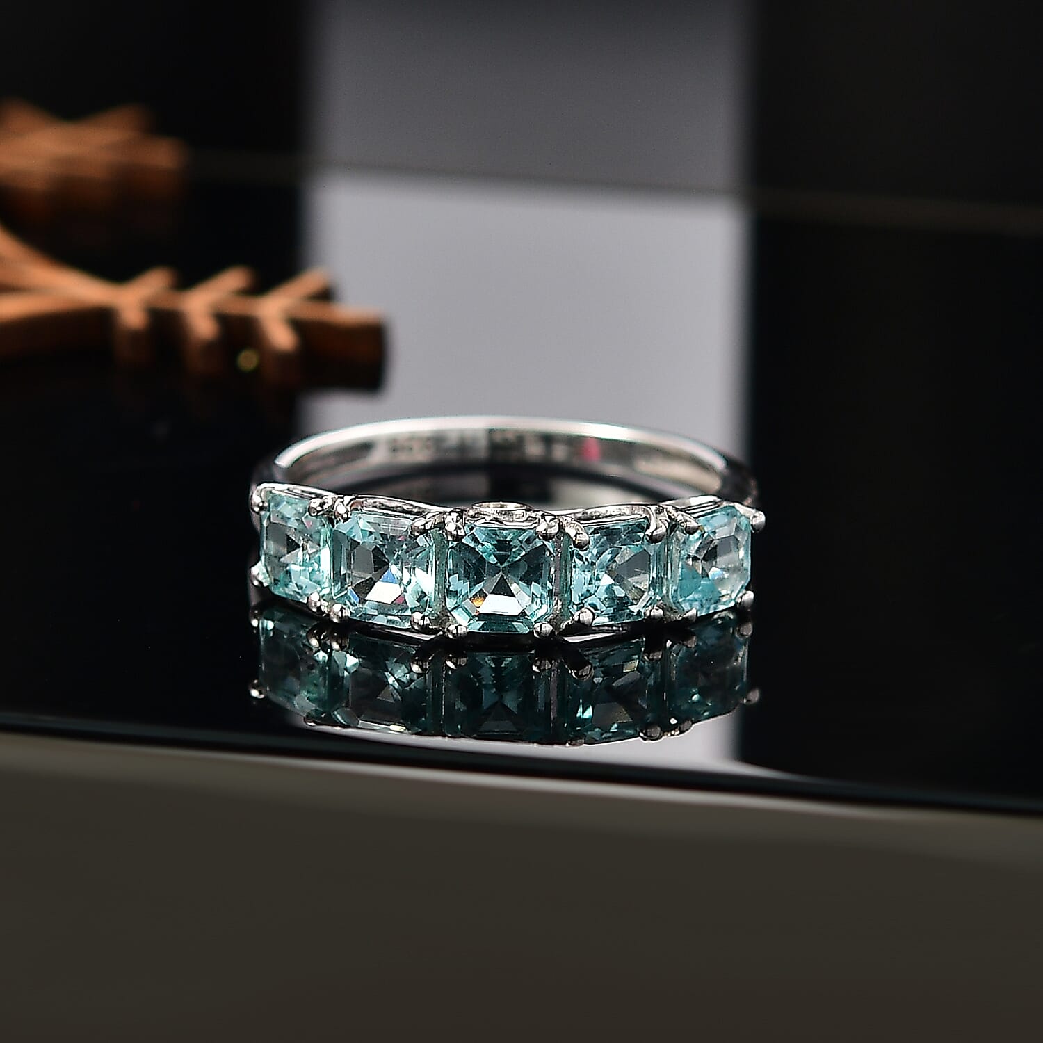 Lagoon Apatite & Lab Grown Diamond (SI-G-H) 5 Stone Ring in Rhodium Overlay Sterling Silver 2.22 Ct.