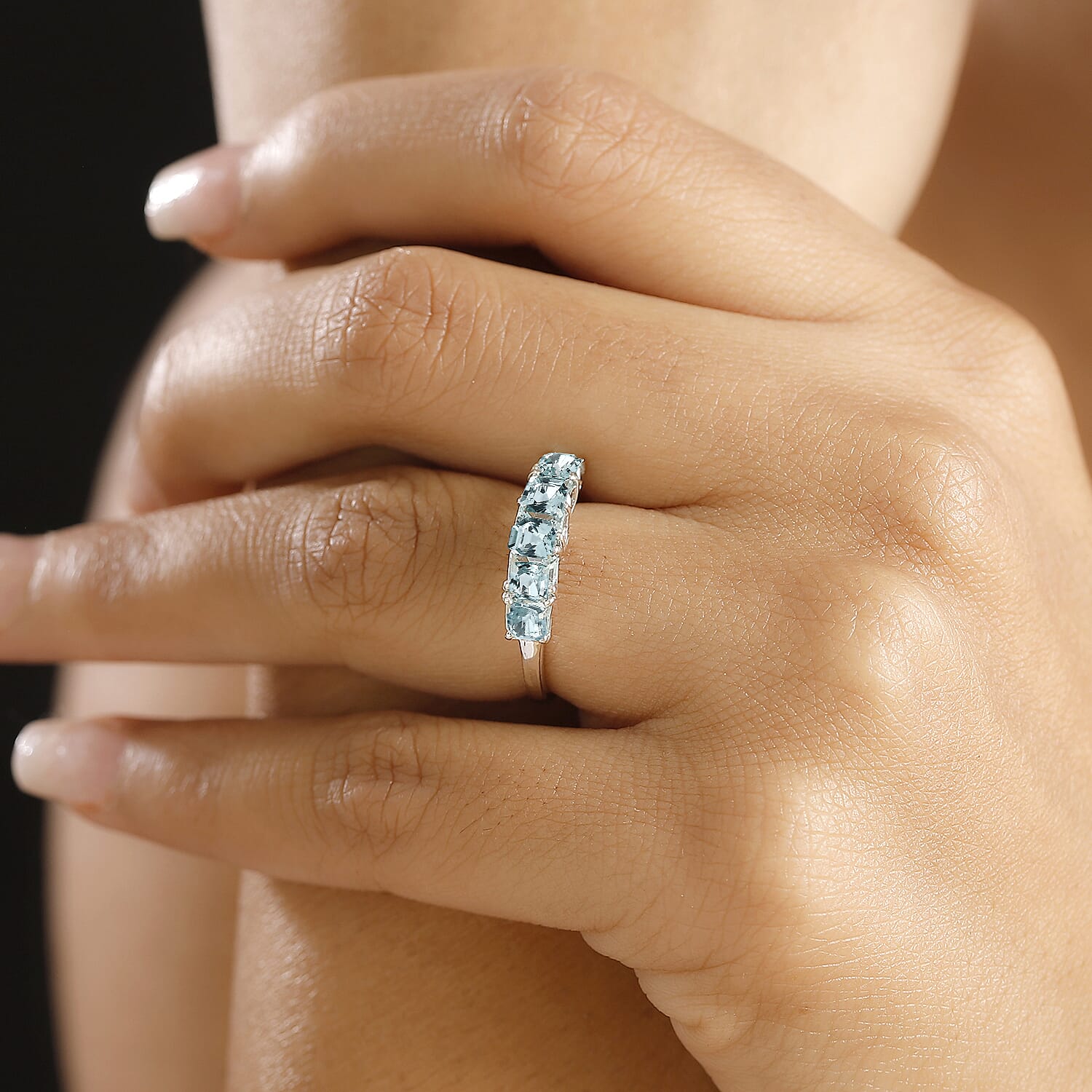 Lagoon Apatite & Lab Grown Diamond (SI-G-H) 5 Stone Ring in Rhodium Overlay Sterling Silver 2.22 Ct.