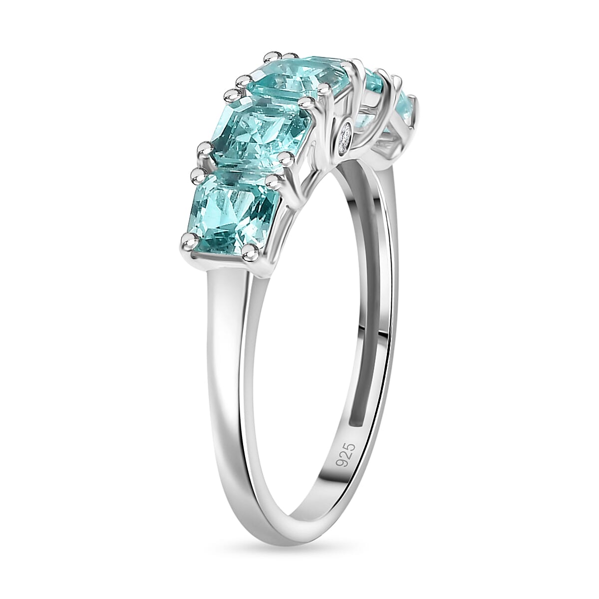Lagoon Apatite & Lab Grown Diamond (SI-G-H) 5 Stone Ring in Rhodium Overlay Sterling Silver 2.22 Ct.