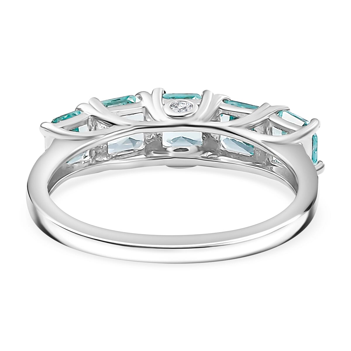 Lagoon Apatite & Lab Grown Diamond (SI-G-H) 5 Stone Ring in Rhodium Overlay Sterling Silver 2.22 Ct.