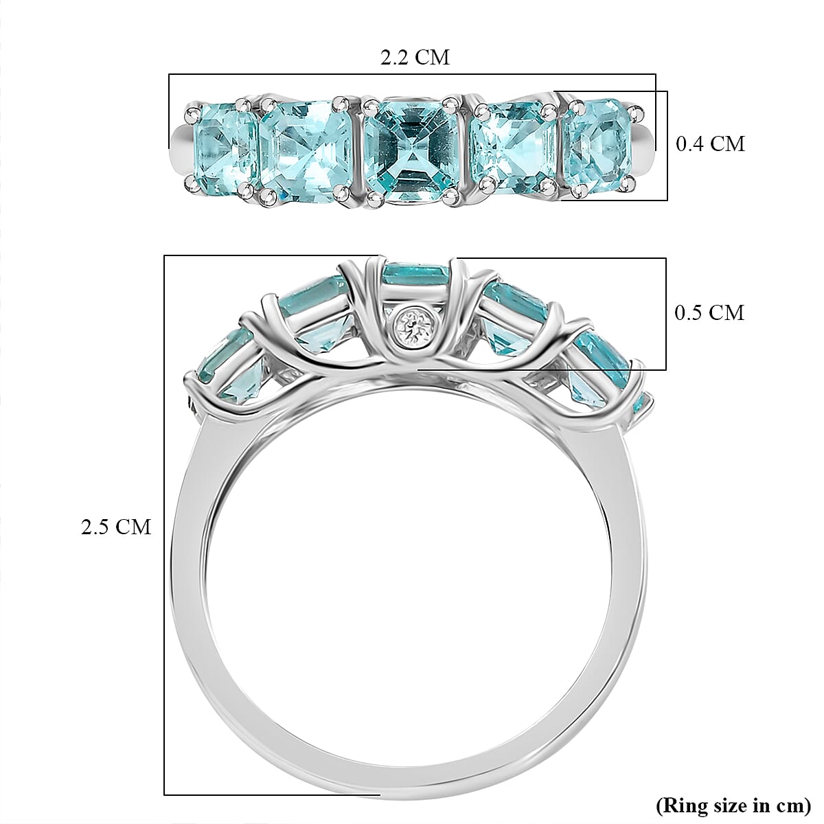 Lagoon Apatite & Lab Grown Diamond (SI-G-H) 5 Stone Ring in Rhodium Overlay Sterling Silver 2.22 Ct.