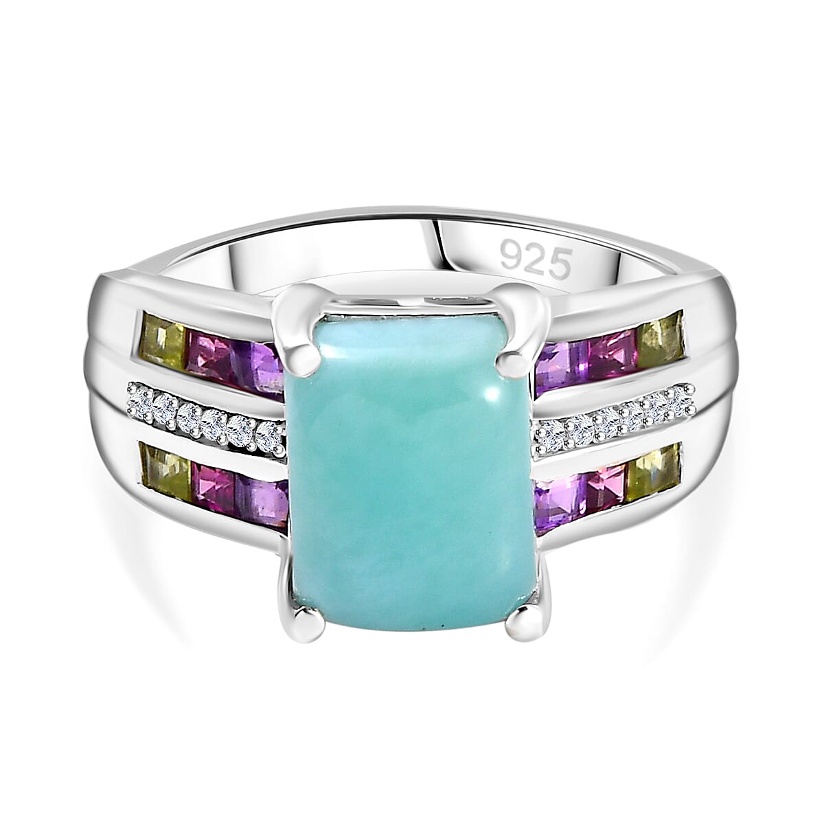 Natural Teal Green Larimar & Multi Gemstones Ring in Rhodium Overlay Sterling Silver 4.92 Ct.