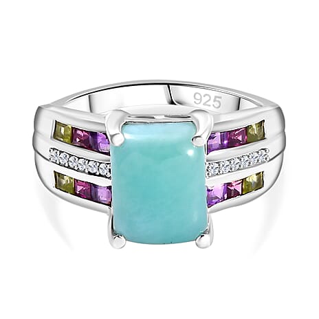 Natural Teal Green Larimar & Multi Gemstones Ring in Rhodium Overlay Sterling Silver 4.92 Ct.