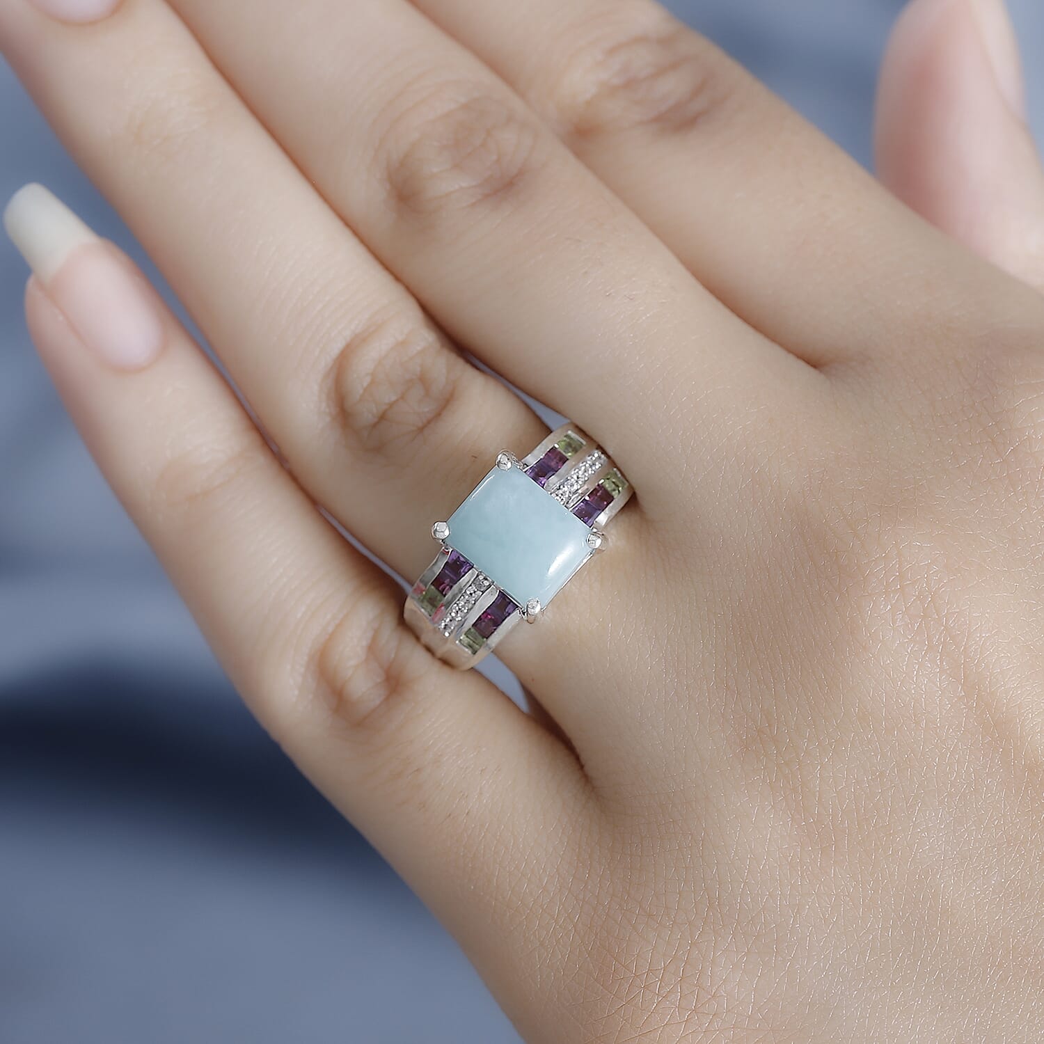 Natural Teal Green Larimar & Multi Gemstones Ring in Rhodium Overlay Sterling Silver 4.92 Ct.