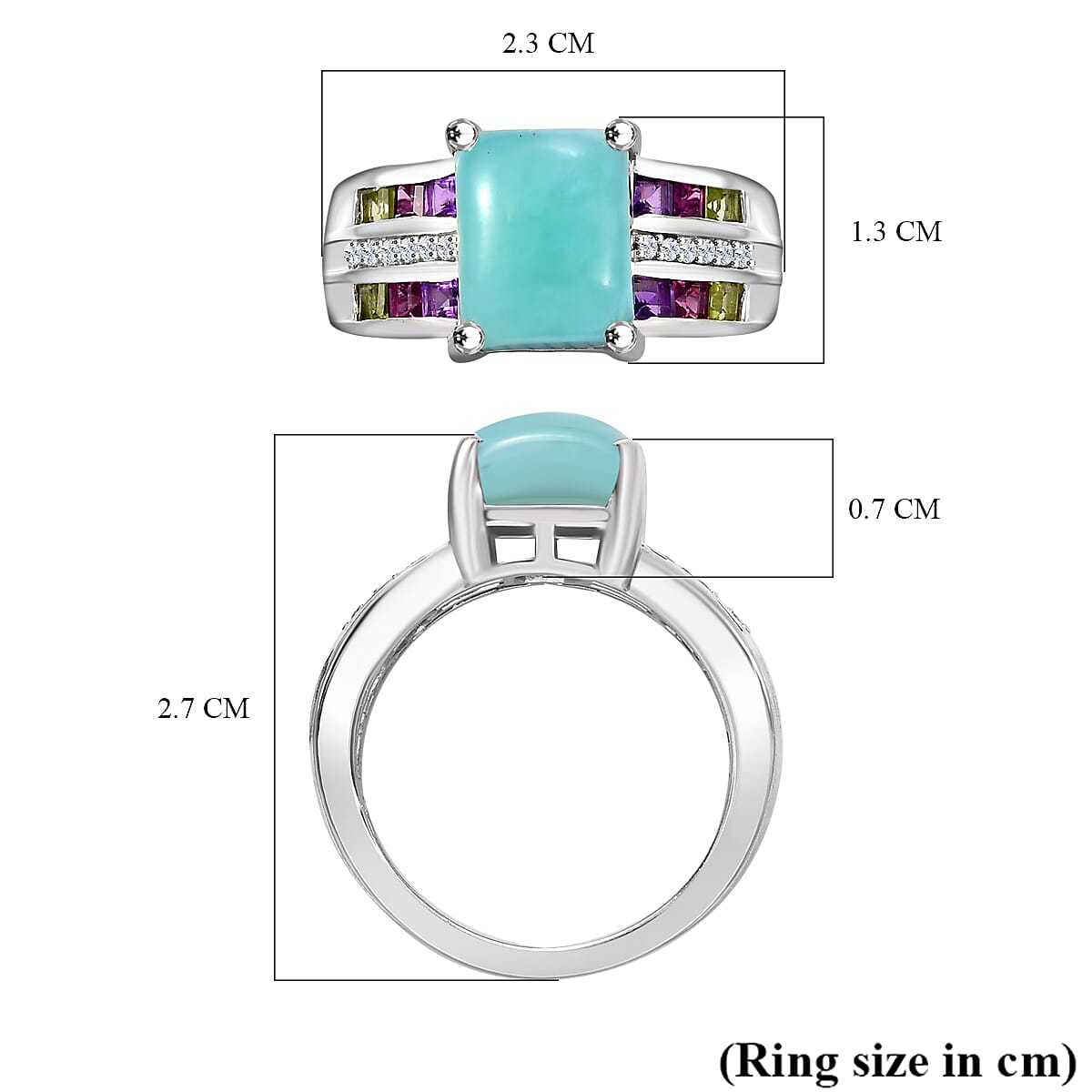 Natural Teal Green Larimar & Multi Gemstones Ring in Rhodium Overlay Sterling Silver 4.92 Ct.